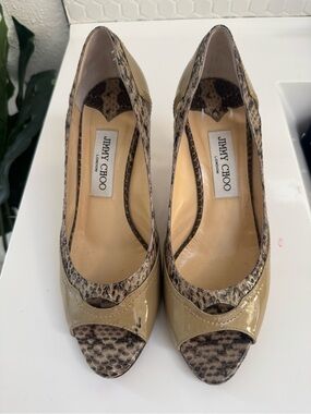 Jimmy Choo Beige and Snake-Print Peep-Toe Pumps
